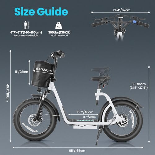 Caroma Peak 800W Foldable Electric Scooter Adults, 20" Fat Tire Electric Bike with 48V Battery, Up to 30Miles & 20MPH, Adult Electric Bicycles for Commuting with Basket&Adjustable Seat