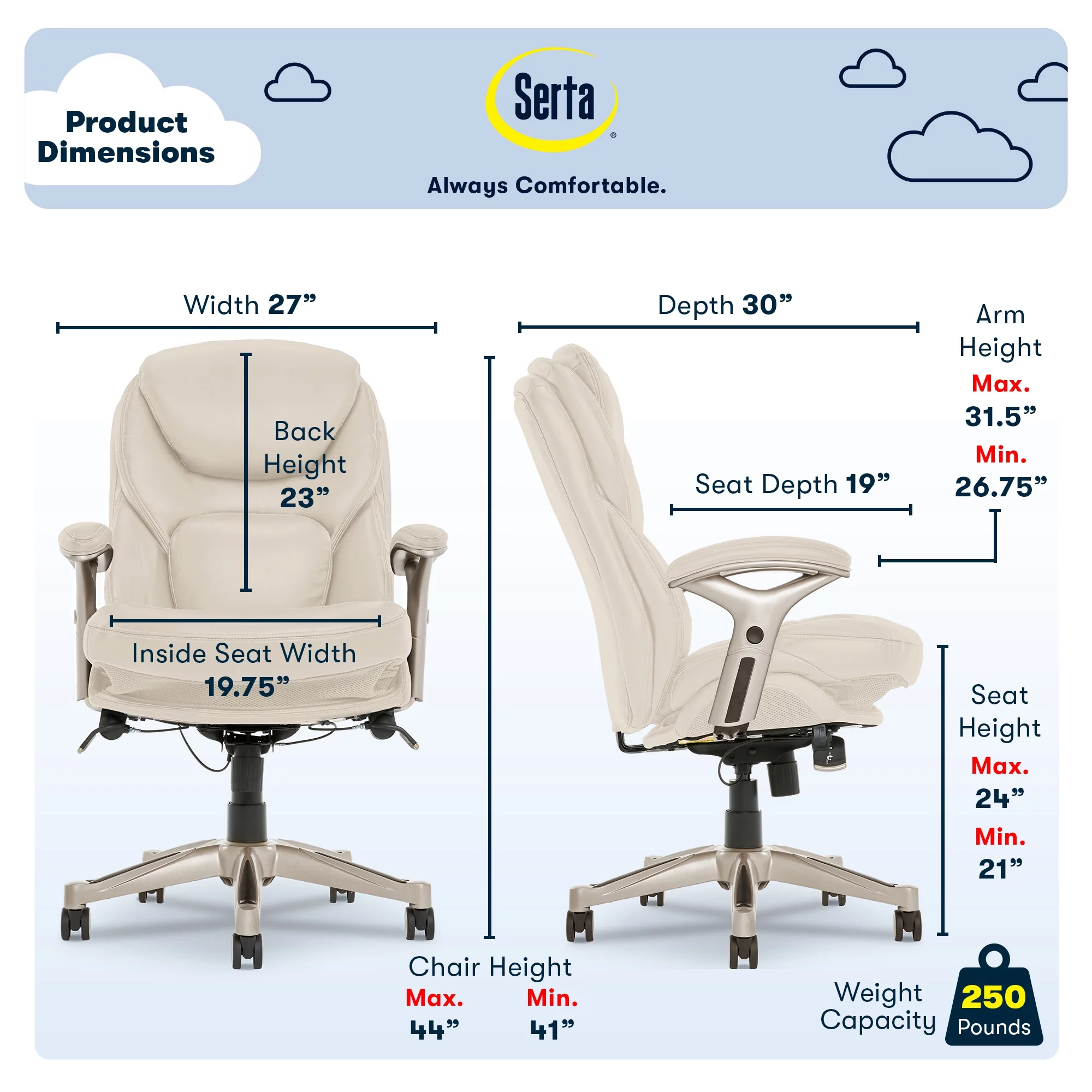 Serta Bonded Leather Office Chair with True Wellness BIM Tech, 250 lb. Capacity, Ivory
