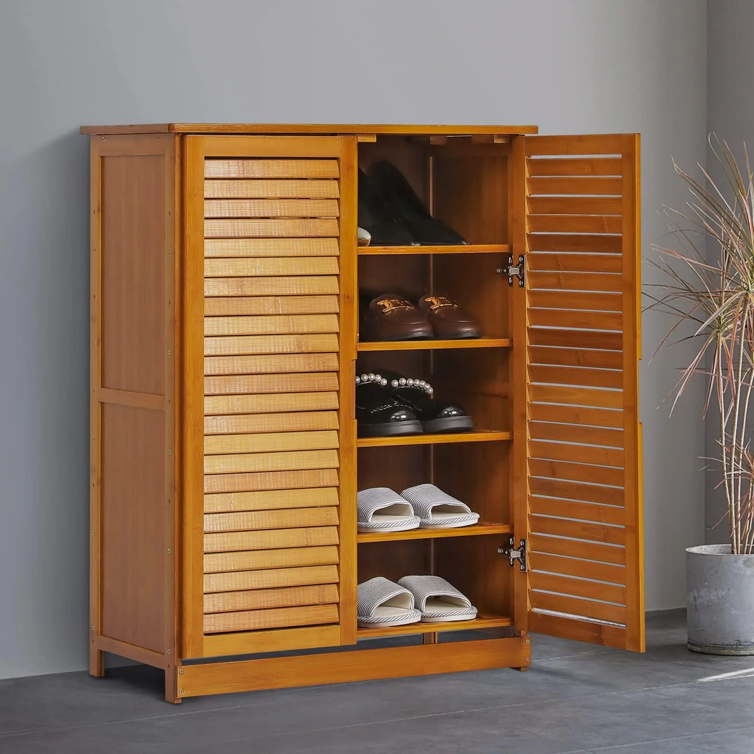 5 Tier Shoe Storage Cabinet With Shutter Doors, Bamboo Shoe Floor Storage Organizer Rack For 11-15 Pairs Entryway Hallway Mudroom, Brown