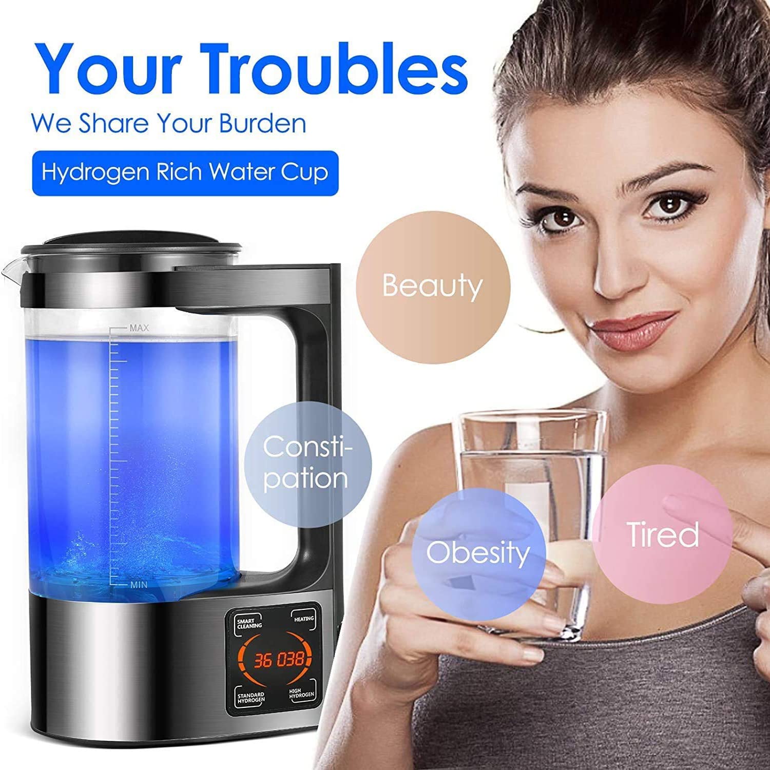 [Upgraded Version]BDYING Hydrogen Water Generator with New SPE and PEM Technology,2L Large Capacity Hydrogen Alkaline Water Pitcher Maker Machine,Make Hydrogen Content up to 1500 PPB