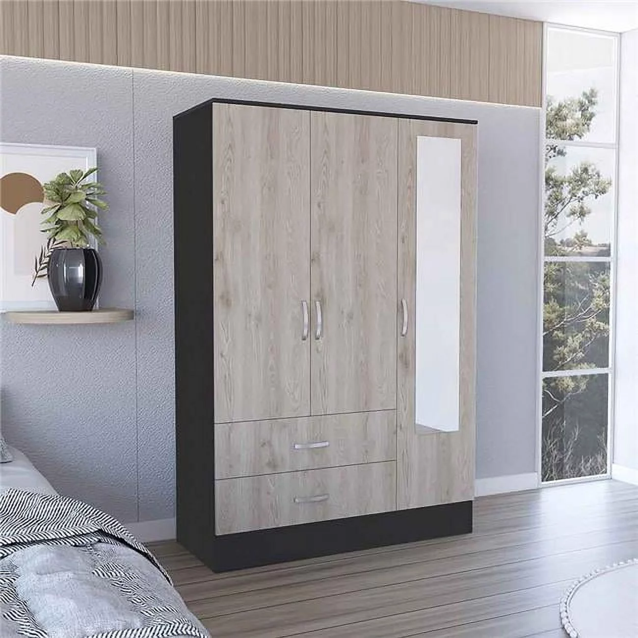 Depot E-Shop DE-CWZ5950 120 in. Gangi Mirrored Armoire, Black & Light Gray