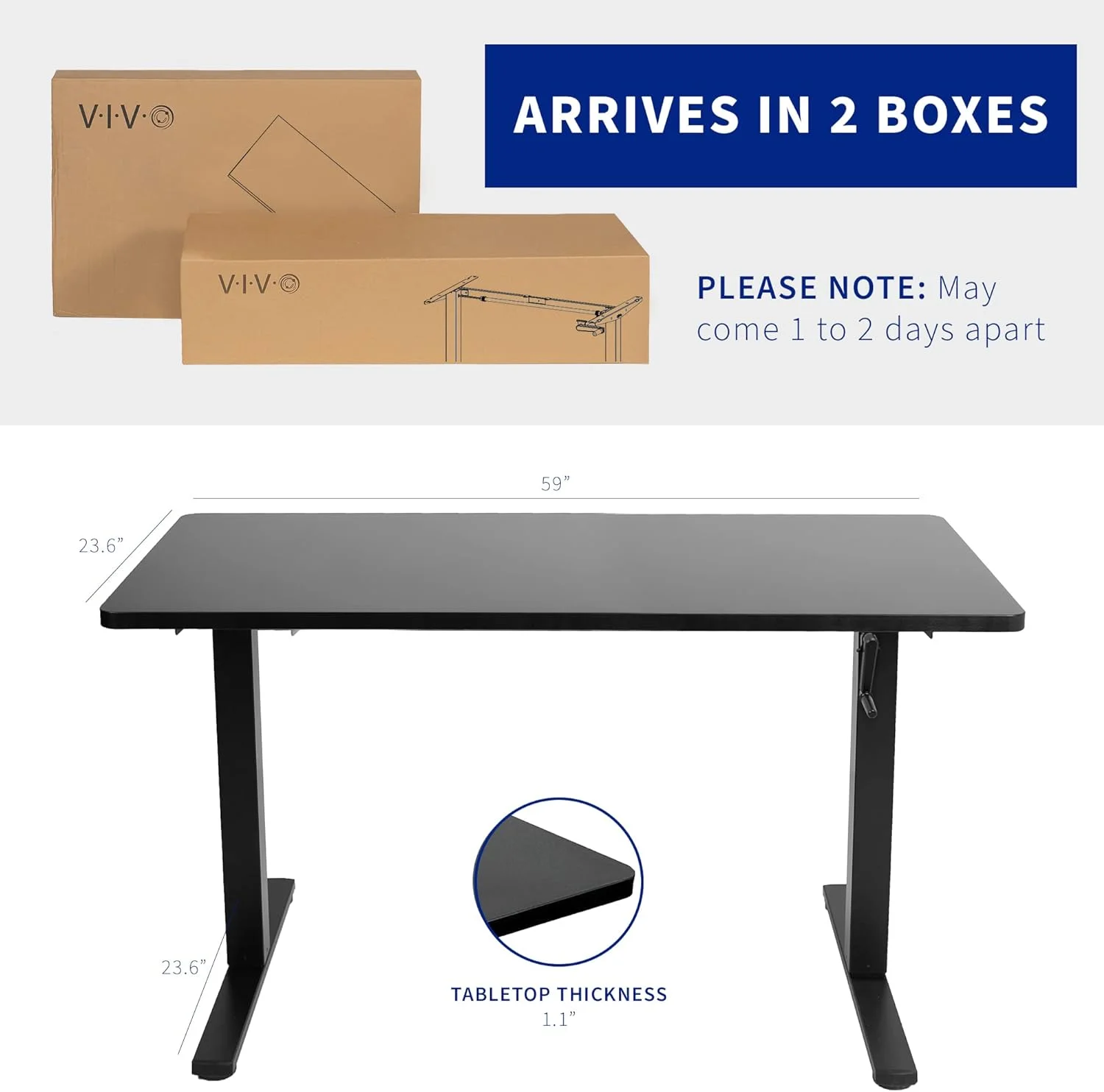 Manual Height Adjustable 60 X 24 Inch Stand Up Desk, Dark Walnut Solid One-Piece Table Top, Black Frame, Standing Workstation With Foldable Handle, DESK-KIT-MB6D