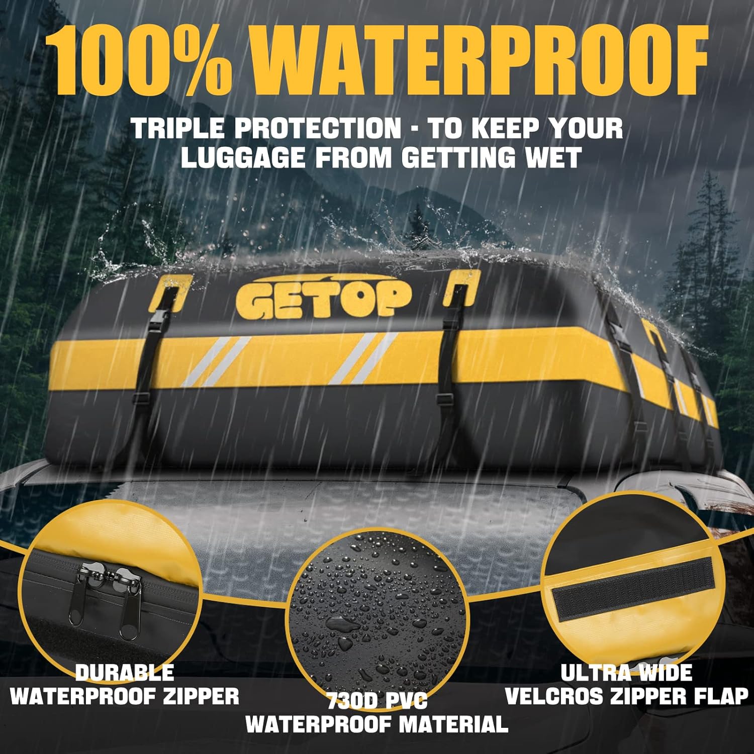 21 Cubic Feet Rooftop Cargo Carrier Bag Waterproof,GETOP 730D Car Roof Bag Heavy-Duty Soft-Shell for All Car with/Without Rack,with Non-Slip Mat, 6 Door Hooks，Lock，Storage Bag(Red)
