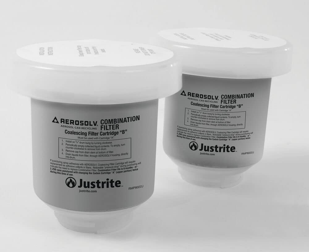 Justrite 2-Pack, Aerosolv Replacement Carbon Filter Cartridge for 6363, Aerosol Can Recycling, 28198