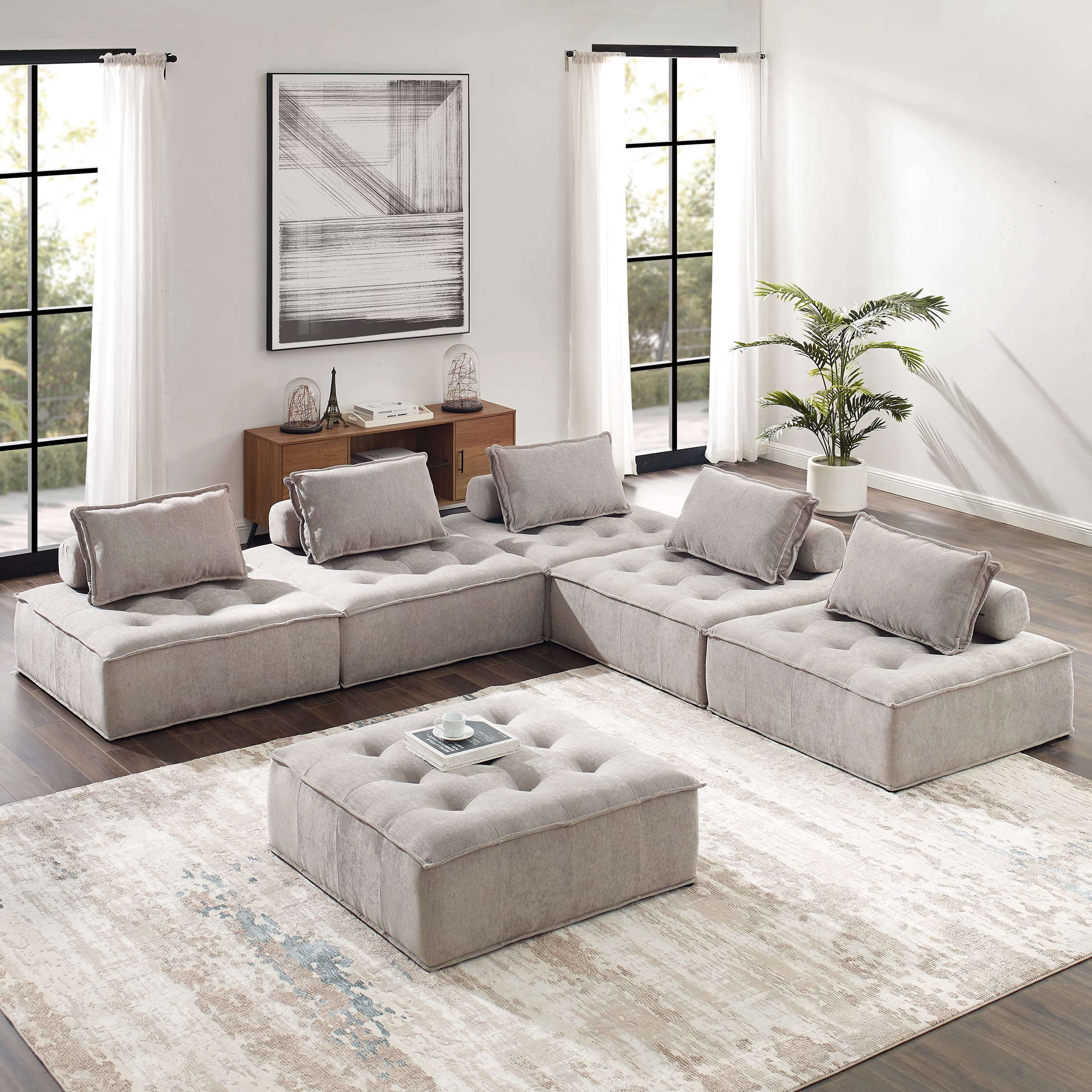 Art Leon Sectional Sofa Fabric Upholstered Button Tufted Beige