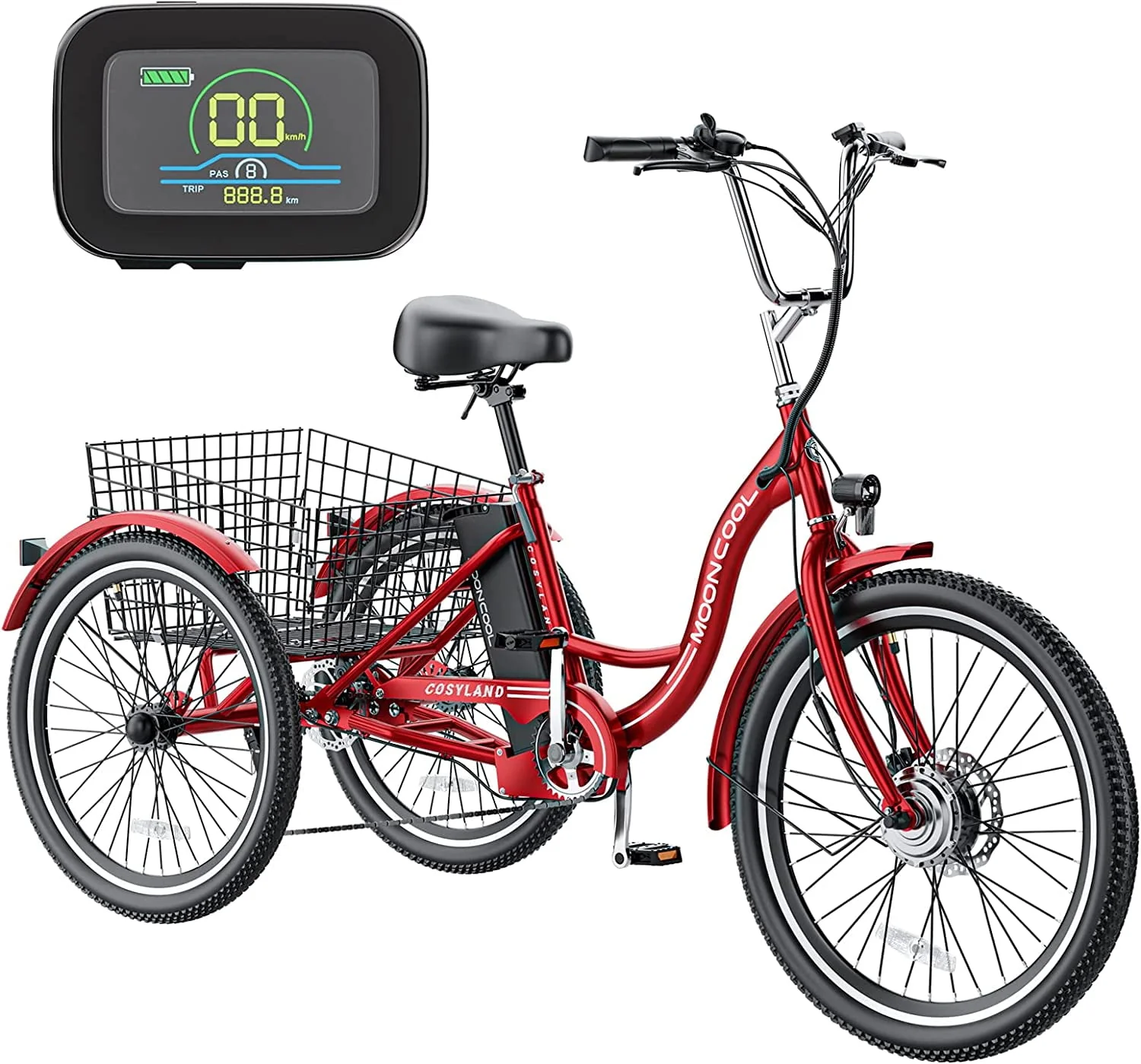 MOONCOOL 24/26 Electric Tricycle for Adults, 350W 36V 7 Speeds Electric Trike Motorized Three Wheel Electric Bikes Bicycle with Large Basket for Women Men