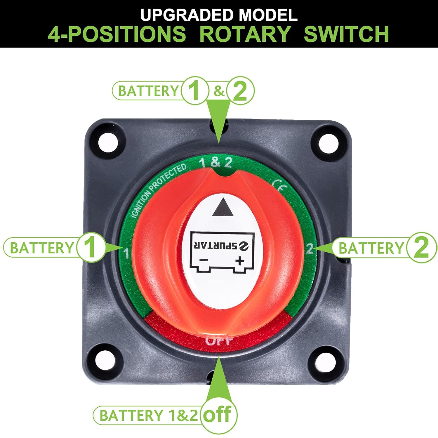 Spurtar Battery Disconnect Switch 1-2-Both-Off, DC 12V-48V Master Marine Battery Switch Power Cut Off for Marine Boat Car ATV RV Vehicle, Waterproof Battery Isolator Heavy Duty
