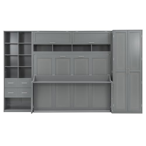 KLMM Wooden Murphy Bed Wall Bed with 2 Wardrobe and Storage Shelf,Foldable Platform Bedframe for Guest-Room Bedroom Study Office Use (White#E, Full)