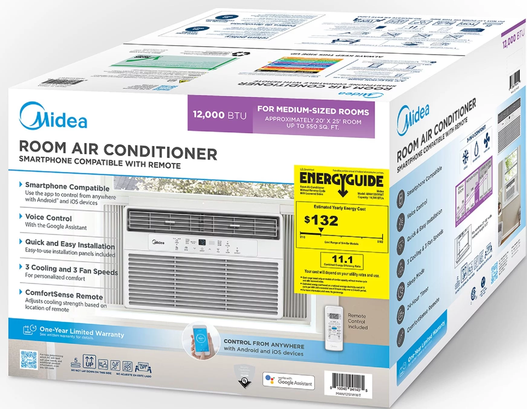 Midea 12,000 BTU 115V Smart Window Air Conditioner with ComfortSense Remote, Cools up to 550 Sq. Ft., White, MAW12S1WWT