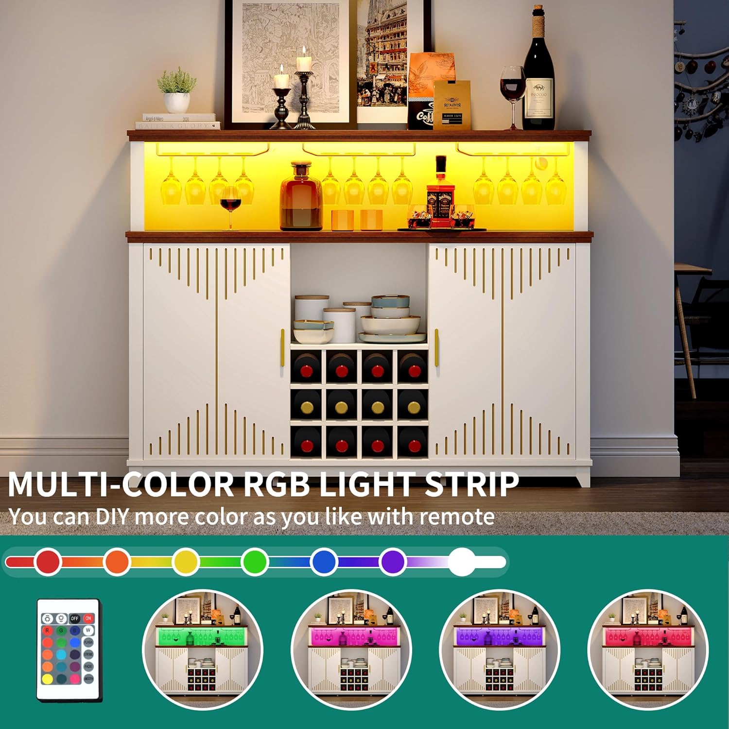 YITAHOME Coffee Bar Cabinet with Storage, 55" Wine Bar Cabinet w/LED Lights & Power Outlet, Kitchen Buffet Cabinet with Door Wine and Glass Rack, Bar Cabinets w/Storage Shelves for Dining Room, White