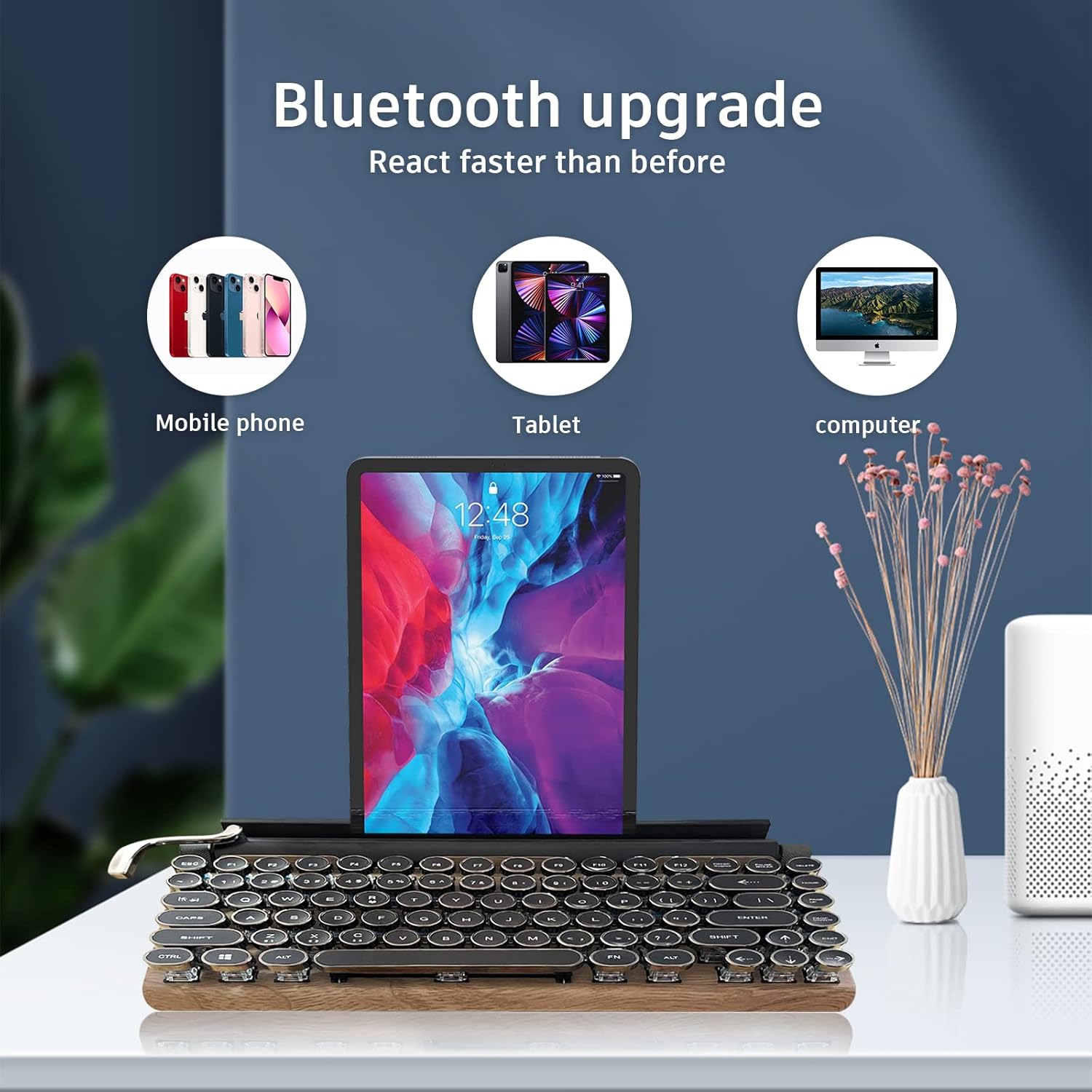 Retro Keyboard Wireless Electric Typewriter with Bluetooth 5.0 Punk Mechanical Gaming Keyboard Classical Round 83 Keys Applied to Desktop PC, Laptop Mac, Mobile Phone Adjustable Stand