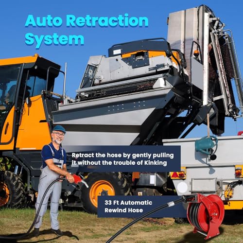 Fuel Hose Reel with Fueling Nozzle 1" x 33' Retractable Diesel Hose Reel Auto Rewind Spring Driven,300 PSI Industrial Heavy Duty Steel Construction Reels for Truck Farm Aircraft Ship Vehicle Tank