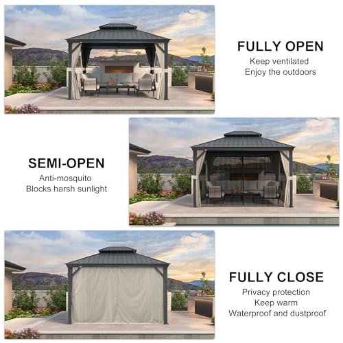 PURPLE LEAF 10' X 14' Permanent Hardtop Gazebo Aluminum Gazebo with Galvanized Steel Double Roof for Patio Lawn and Garden, Curtains and Netting Included, Grey