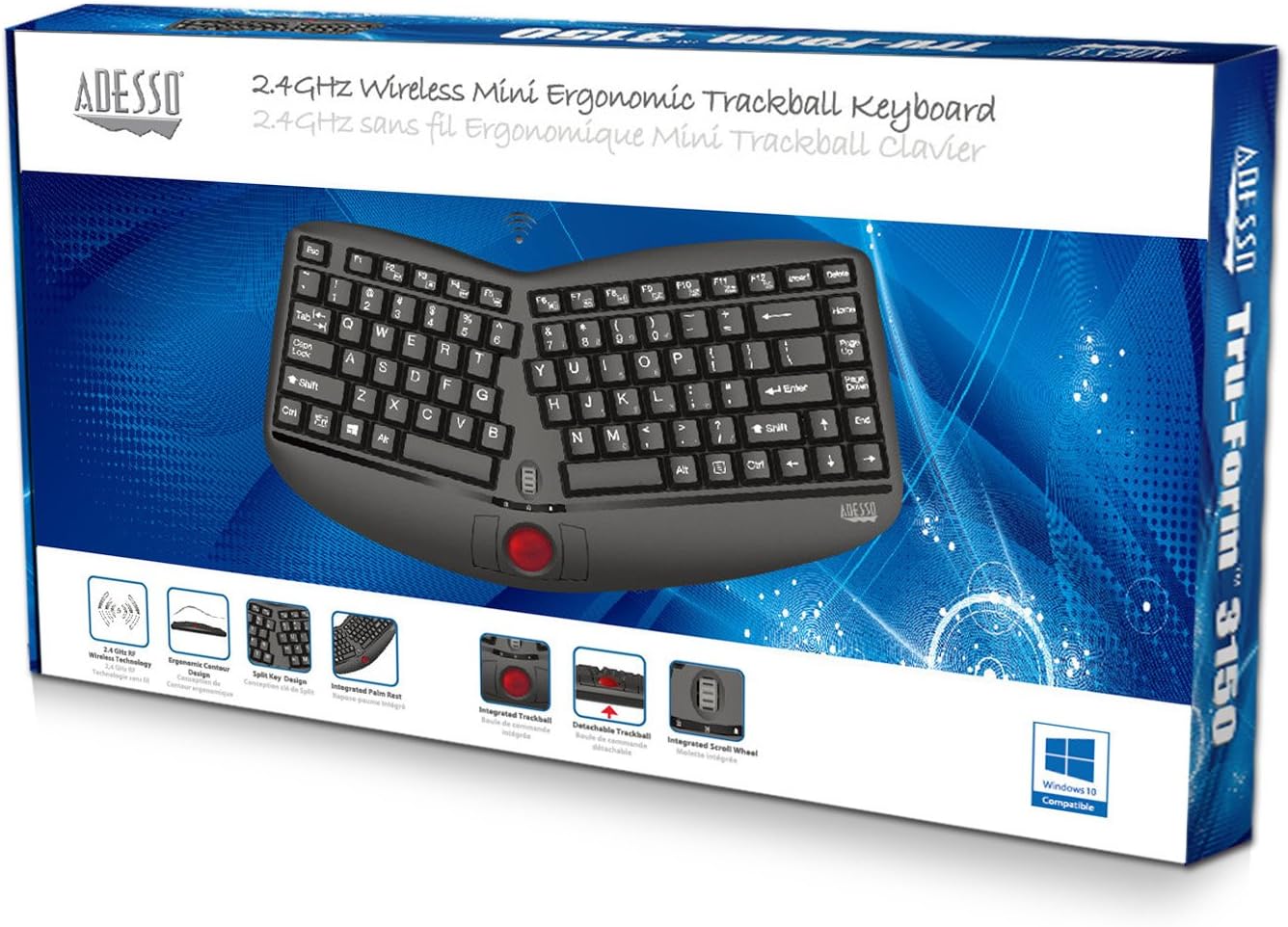 Adesso WKB-3150UB - Wireless Ergonomic Keyboard with Built-in Removable Trackball and Scroll Wheel, Split Key, Long Battery Life, Small and Portable -Compatible for Laptop/Desktop/PC/Windows XP/7/8/10