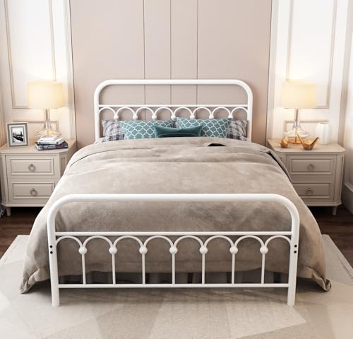 YALAXON Vintage Sturdy Queen Size Metal Bed Frame with Headboard and Footboard Basic Bed Frame No Box Spring Needed (Queen,White)