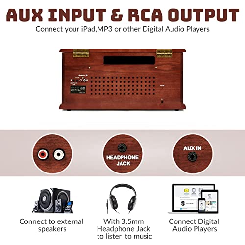 ORCC 10-in-1 Bluetooth Turntable Record Player with Built-in Speaker, Vinyl Turntable CD Cassette and FM/AM Radio Combo, AUX in RCA Out USB MP3 Recording Headphone Jack Compact Turntable