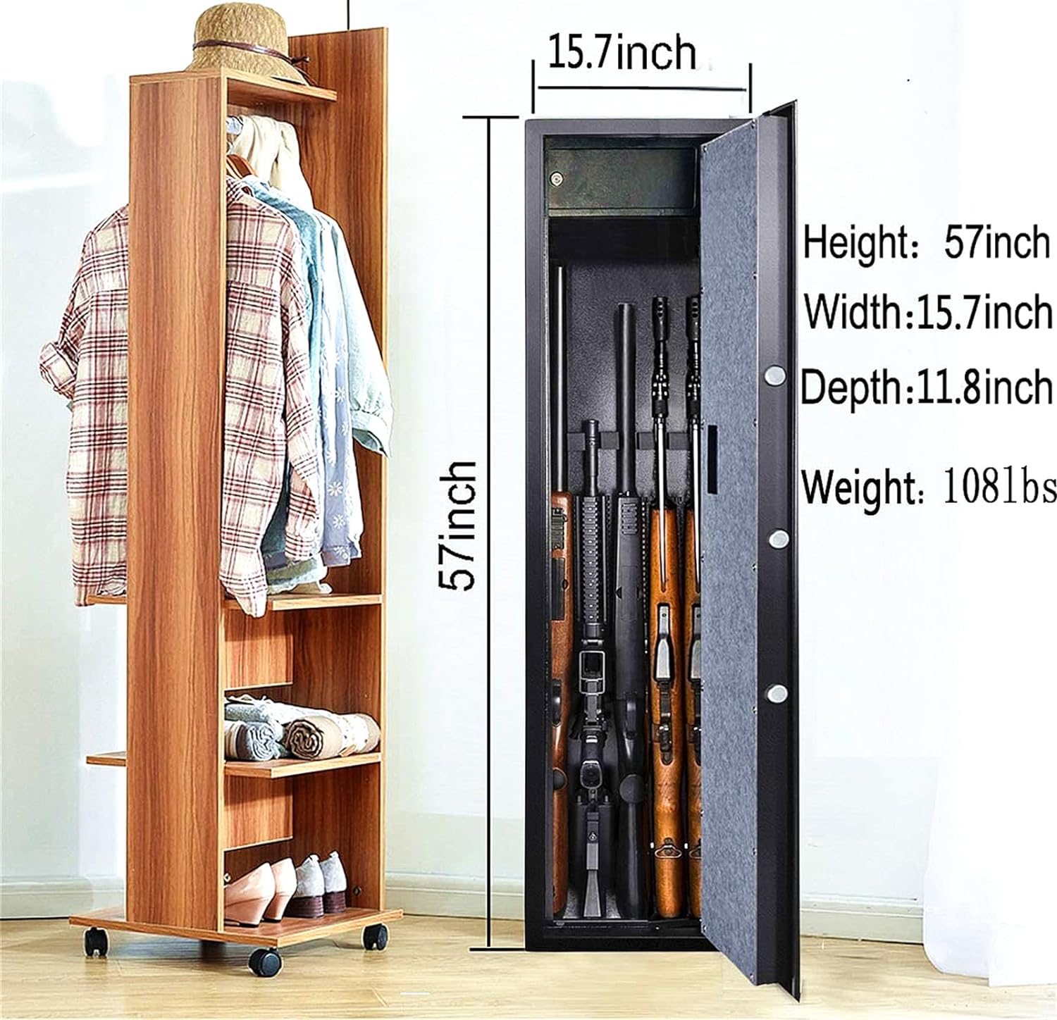 Large Rifle Safe, Long Gun Safe for Rifle Shotgun for Home, Quick Access 5-6 Gun Storage Cabinet with a Handgun Lock Box and a Removable Shelf, Silent Mode (Keyboard PIN Code)