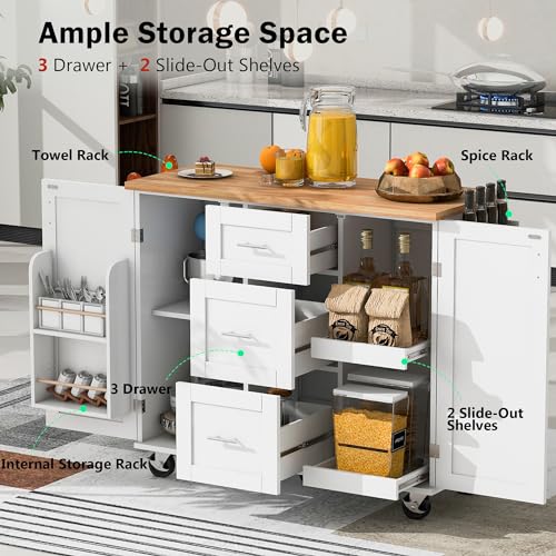 Rolling Kitchen Island With Seating,Rolling Island For Kitchen Island With Storage And Drop Leaf,Kitchen Trolley With Rubber Wood Top, 3 Drawers, 2 Slide-Out Shelves And Storage Shelves. (Grey blue)