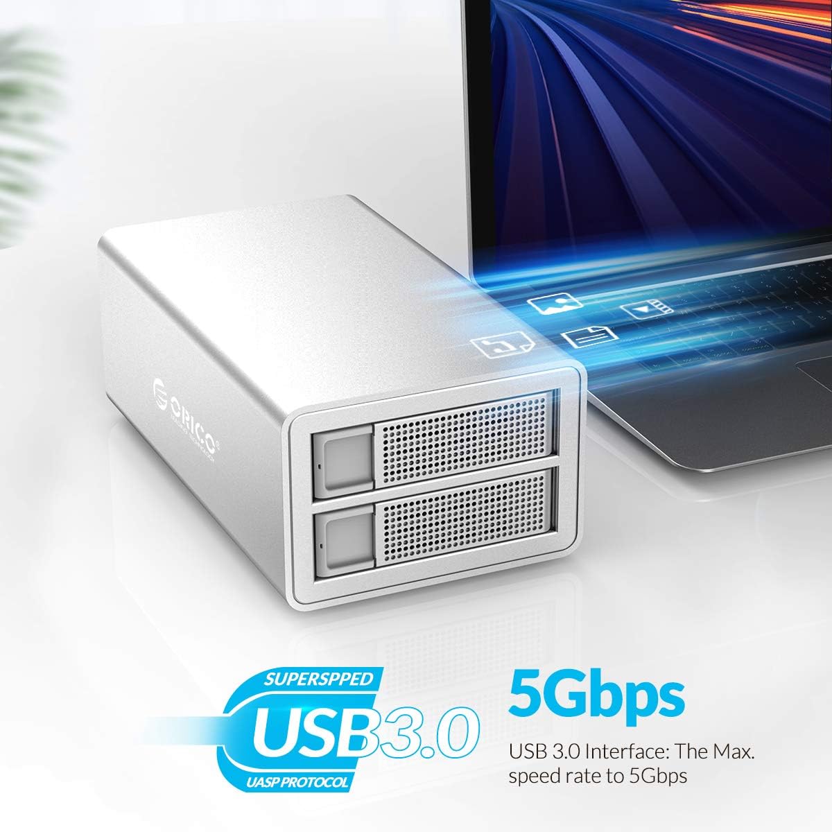 ORICO 2 Bay USB 3.0 to SATA External Hard Drive Enclosure Support 32TB, 2.5/3.5 inch HDD SSD Enclosure for Music Photo Video Data Storage Backup (No RAID, Not NAS Function)