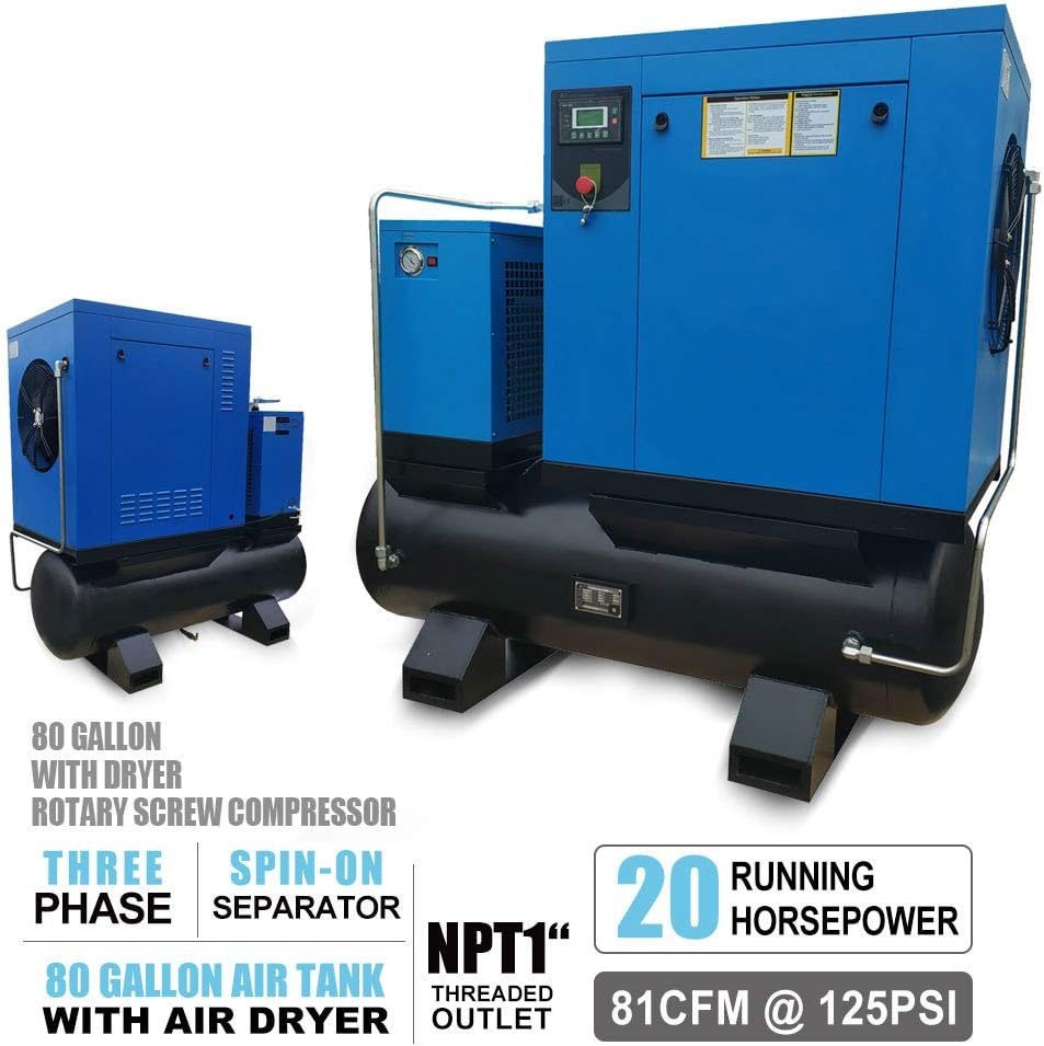 460V 3-Phase Total Rotary Screw Air Compressor with ASME Tank & Refrigerated Dryer - 20HP/15KW - 81CFM/125PSI - 80 Gallon ASME Tank Industrial Air Compressed System Base Mounted Pack15-TA