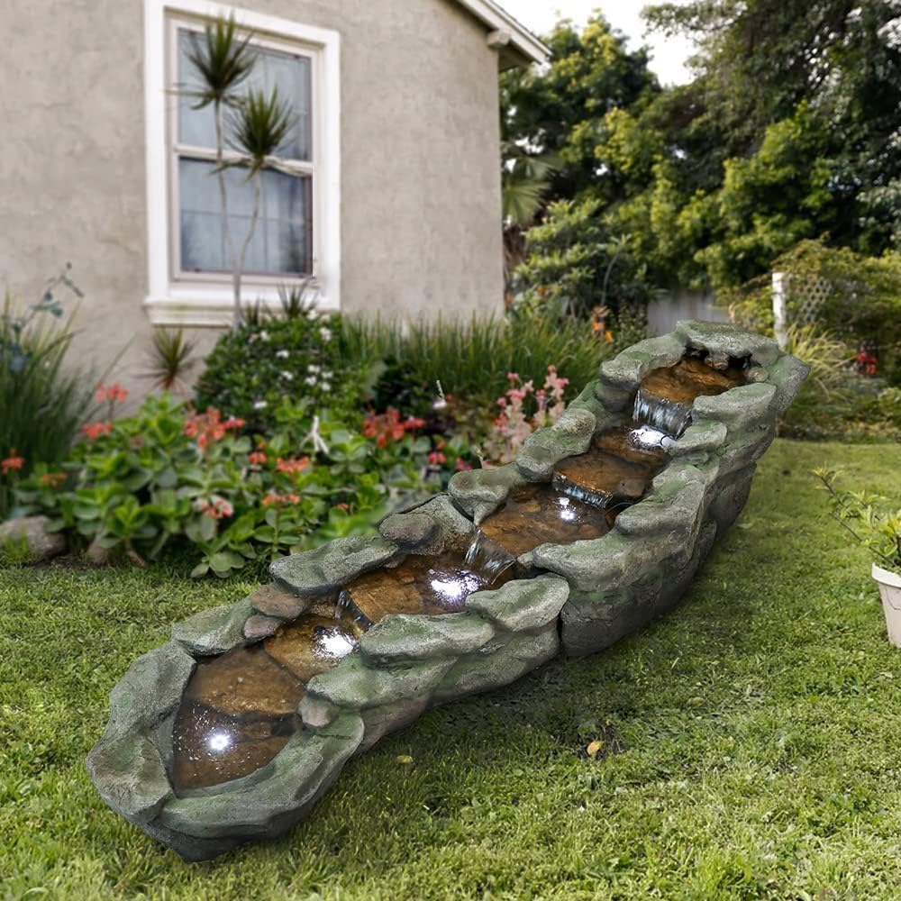 SunJet Outdoor Rock Water Fountain with LED Lights, 83.4" L x 22" W x 20" H River Stream Waterfall Feature for Home Garden, Yard, Patio, Deck Decor - Soothing Tranquility Floor-Standing Fountain