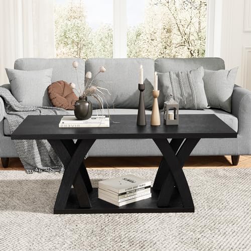 Farmhouse Coffee Table with Shelf, Wood Coffee Table for Living Room, Open Display Area,47” Dark Brown