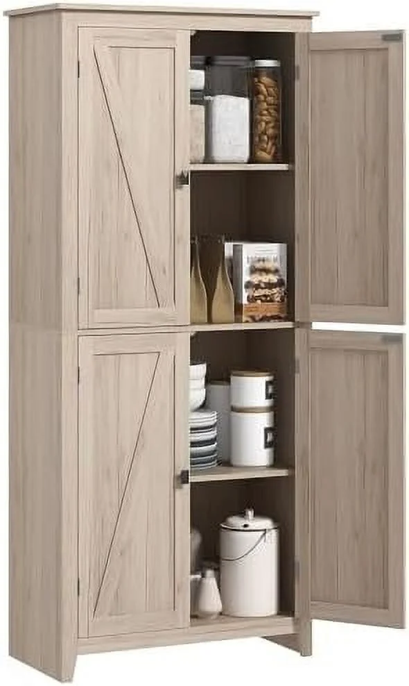 72" Freestanding 4-Door Kitchen Pantry   Cabinet Organizer with 4-Tiers  and Adjustable Shelves  Natural - Curated Treasures Market