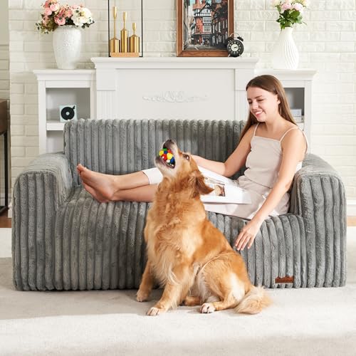 Bean Bag Chairs for Adults Large Fluffy Bean Bag Sofa Two-seat BeanBag Chair with Armrest Plush Comfy Chair with Handle Foam Loveseat for Living Room, Bedroom, Apartment, Dorms(Grey, Large)