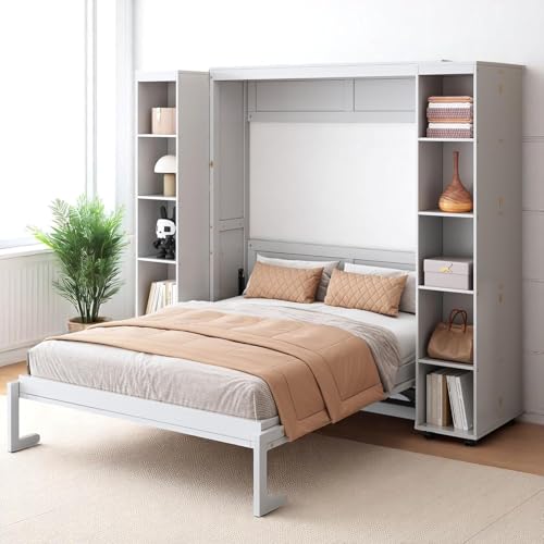 MERITLINE Foldable Hidden Queen Murphy Bed Cabinet with Storage Bookshelf Bookcase, Wood White Murphy Wall Bed with Storage Shelves for Adults (Espresso)