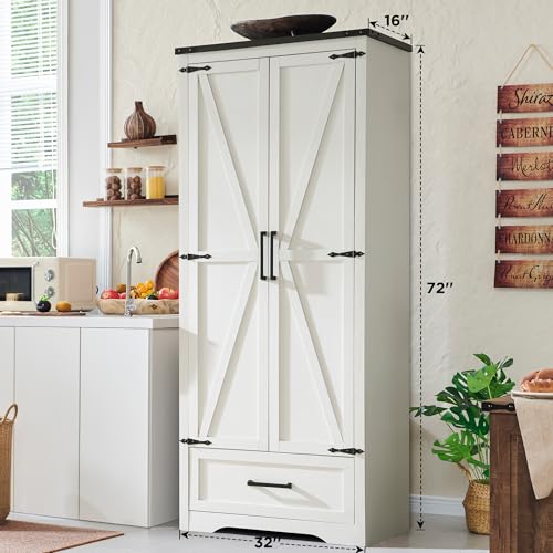 72" Tall Farmhouse Kitchen Pantry with Adjustable Shelves, Wood Rustic Storage Cabinet with Drawer & Barn Doors, Versatile Storage for Dining Room, Living Room, Bathroom, White