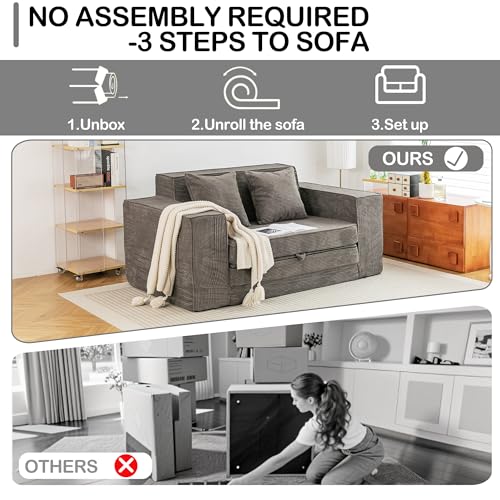 HOMREST 76" Convertible Memory Foam 3-seat Sofa, Pull Out Sleeper Sofa Bed, 2 in 1 Folding Couch Bed, Fold Out Floor Couch Corduroy Fabric with 3 Pillows for Living Room Bedroom Lounge (Grey)