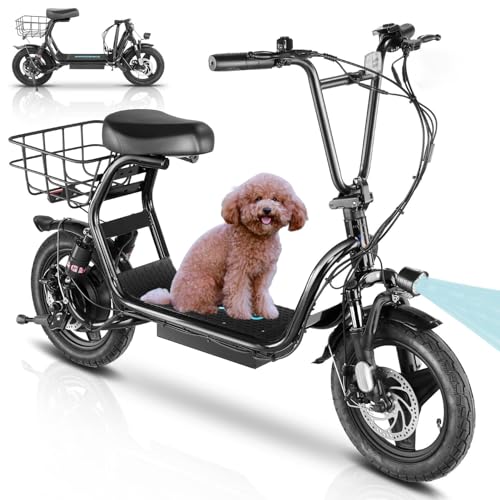 Caroma Peak 500W/800W/1200W Electric Scooter with Seat, Max 15/20/30Miles Range&20MPH, 14" Tires Foldable Adult Electric Scooter with Basket for Pets & Cargo, Dual Shock Absorbing Ebike for Commuting