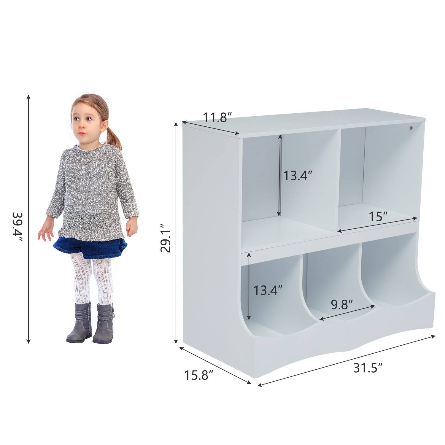 Kinbor Kids Multi-Bin Storage Organizer Cabinet Bookcase with 2 Shelf and 3 Bin Cubby Unit for Children Playroom, Decor Room - W