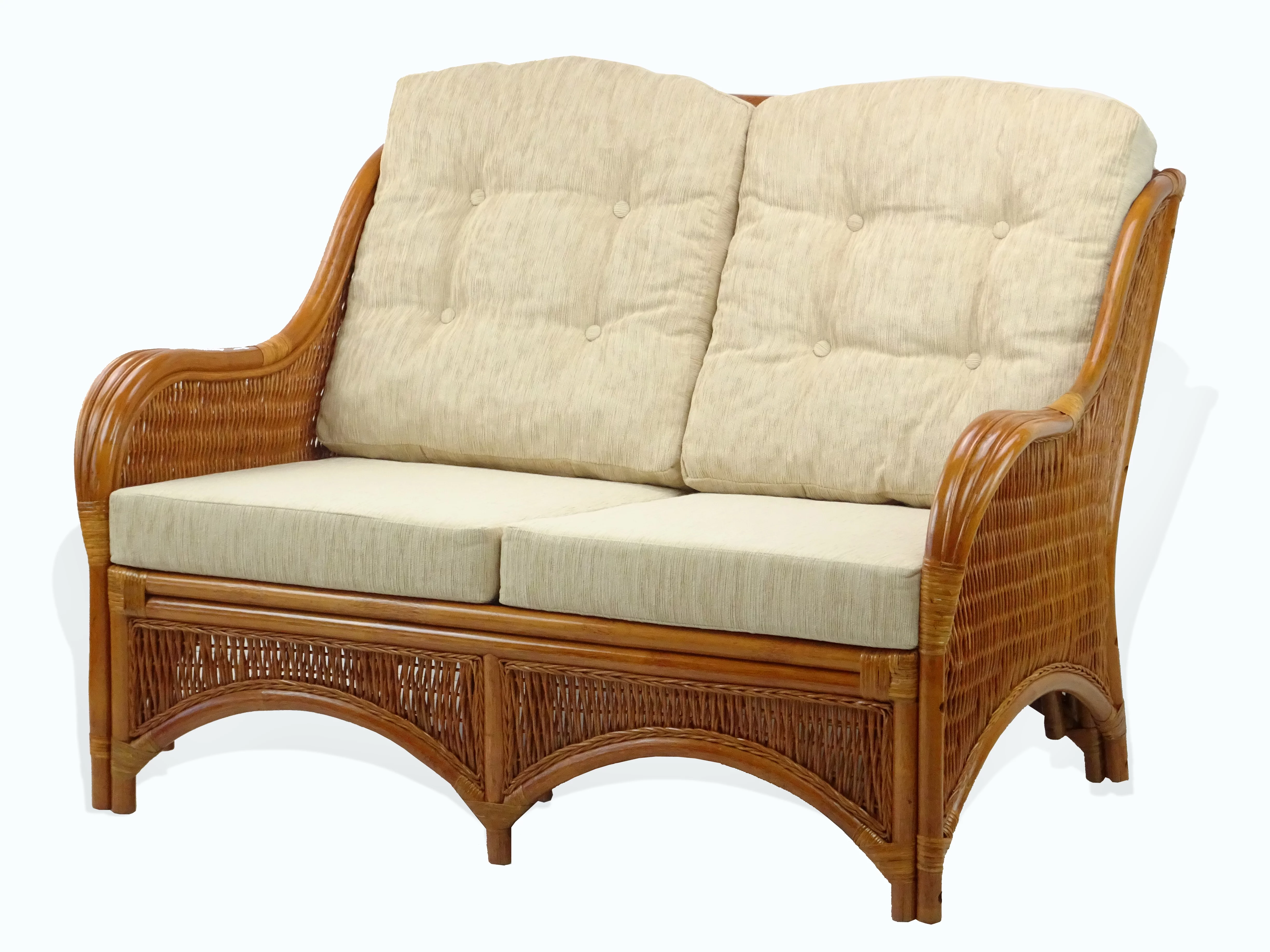 Jam Living Set of 2 Natural Rattan Wicker Lounge Chairs, Loveseat with Cream Cushions and Coffee Table w/Glass Handmade, Colonial