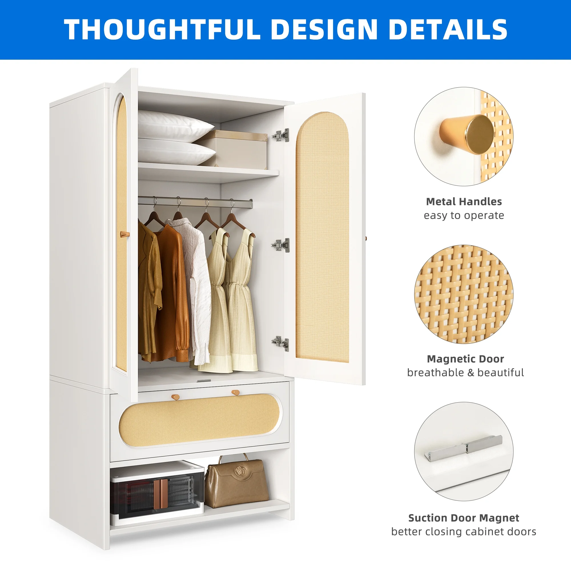 Dextrus Natural Rattan Armoire Wardrobe Closet Cabinet with 2 Doors, Armoire Storage Cabinet with Drawers and Hanging Rods, Wooden Closet Organizer for Hanging Clothes with Shelves & Steel Stand