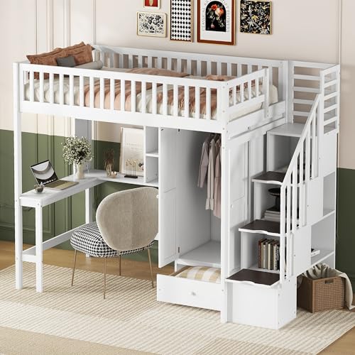 Full Size Loft Bed with Wardrobe Desk Storage Stairs, Wood Loft Bed Frame with Bookcase and Drawers, High Loft Bedframe for Kids Teens Adults, No Box Spring Needed, Espresso