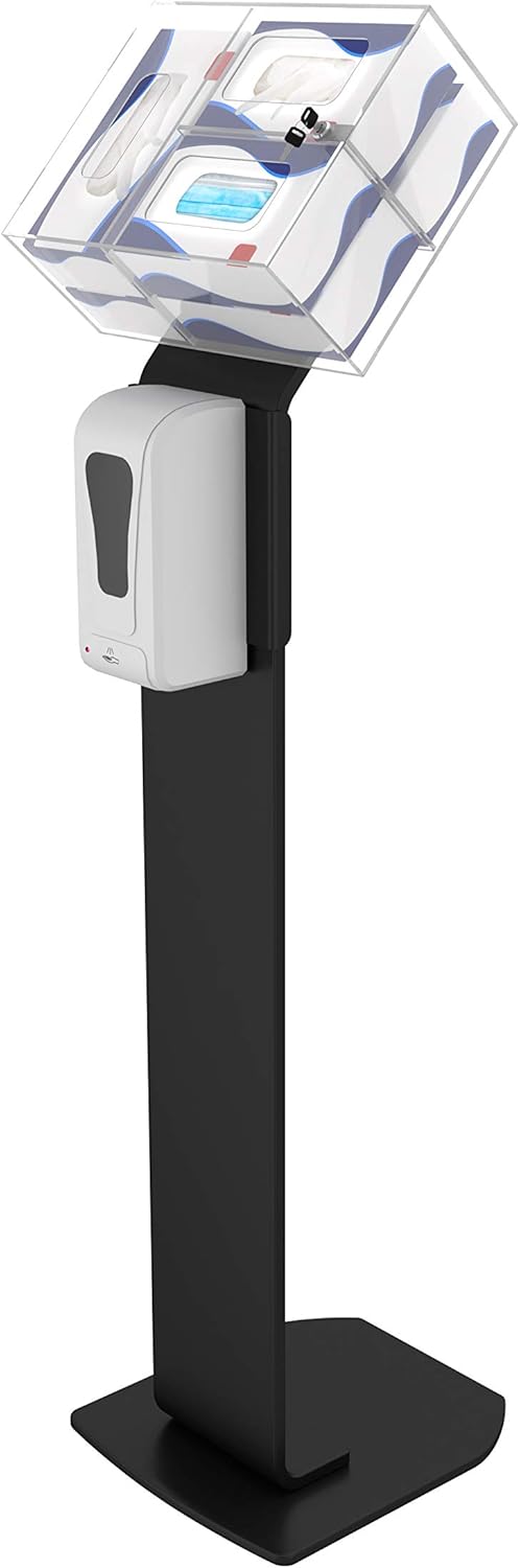 Hand Sanitizing Station - CTA Premium Heavy-Duty Secured Stand with Acrylic Glove, Mask Box & Contactless Soap or Hand Sanitizer Dispenser for Offices, Schools, & Public Area (SAN-STT1B) - Black