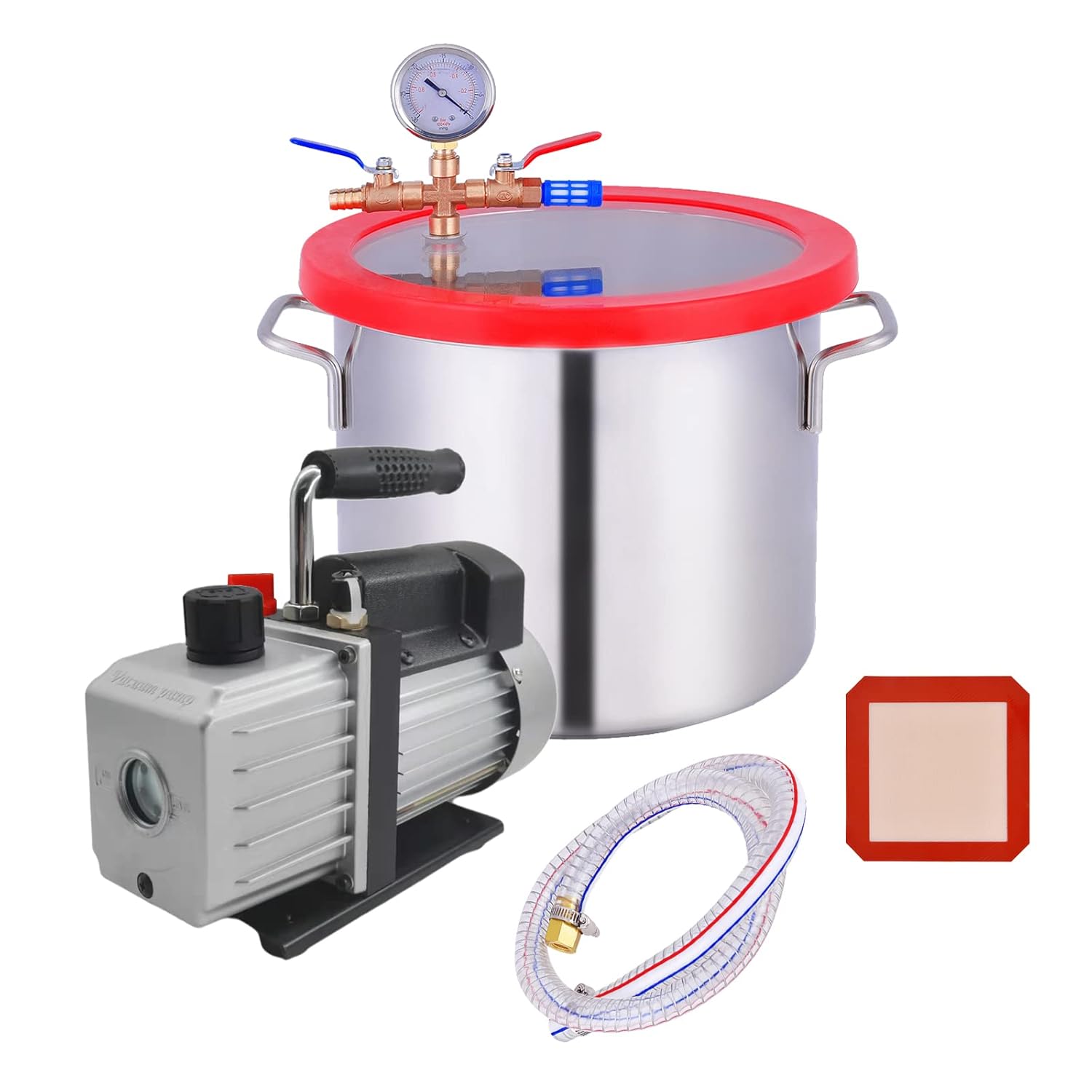 Vacuum Pump and Chamber Kit, Tempered Glass Lid Stainless Steel 2 Gallon Vacuum Chamber with 5 CFM Single Stage Vacuum Pump HVAC for Silicones Casting Degassing, Epoxies and Wax Oil