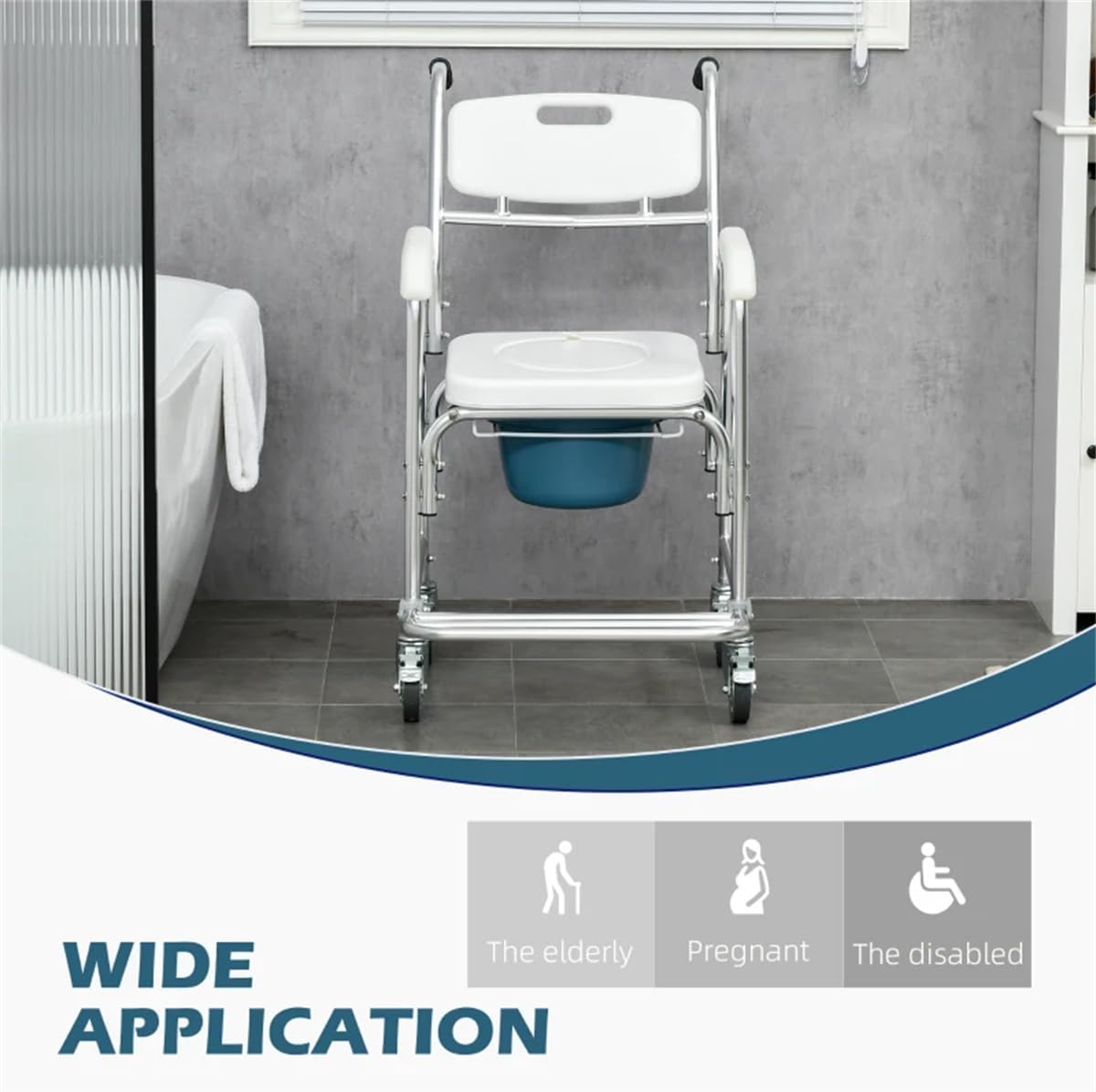 Rolling Shower Wheelchair with Commode, 4 Lockable Wheels - Adjustable for Adults, Elderly, Inside Shower Use, WHITE