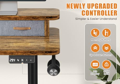 Electric Standing Desk with Dual Drawers, 48" x 24" Height Adjustable Desk Sit Stand Desk with Memory Controller, Casters & 2 Hooks, Low Noise Home Office Desk, Rustic Brown