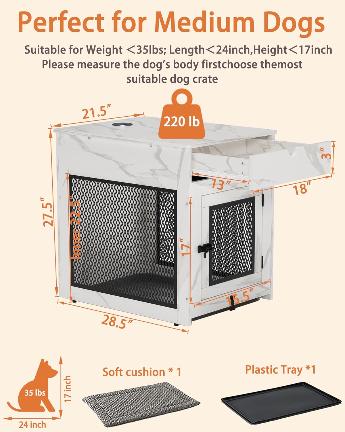 Piskyet Dog Crate Furniture,Wooden Dog Crate End Table with Storage Drawer&Cushion&Tray, QC3.0 Wireless Charging,Dual USB,Medium Dogs Marble White