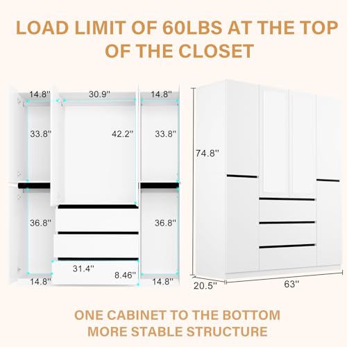 Wakefit Armoire Wardrobe Closet, 4 Doors Wooden Wardrobe Closet Cabinet with Mirro, Bedroom Armoires with Hanging Rod Shelf Freestanding Wardrobe Cabinet for Bedroom, Guest Room, White