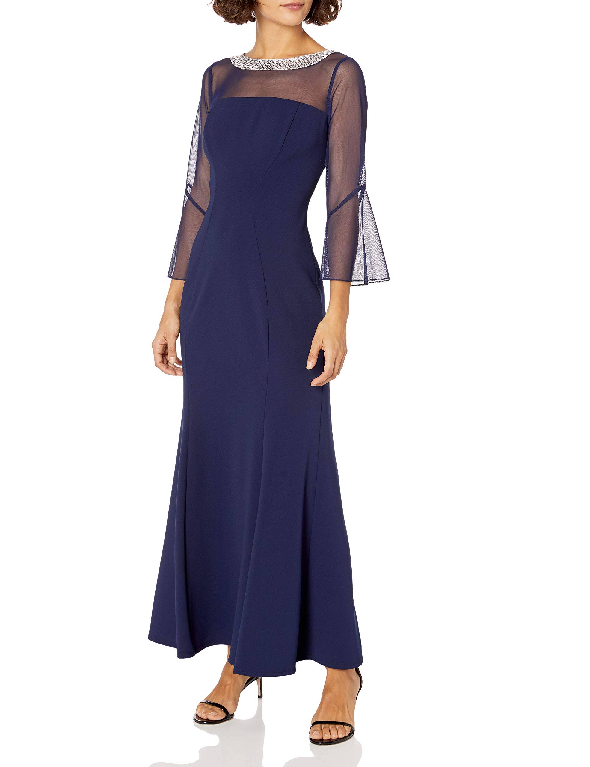 Alex Evenings Petite Size Stretch Crepe Illusion Neckline Bell Sleeve Long Gown - 8p