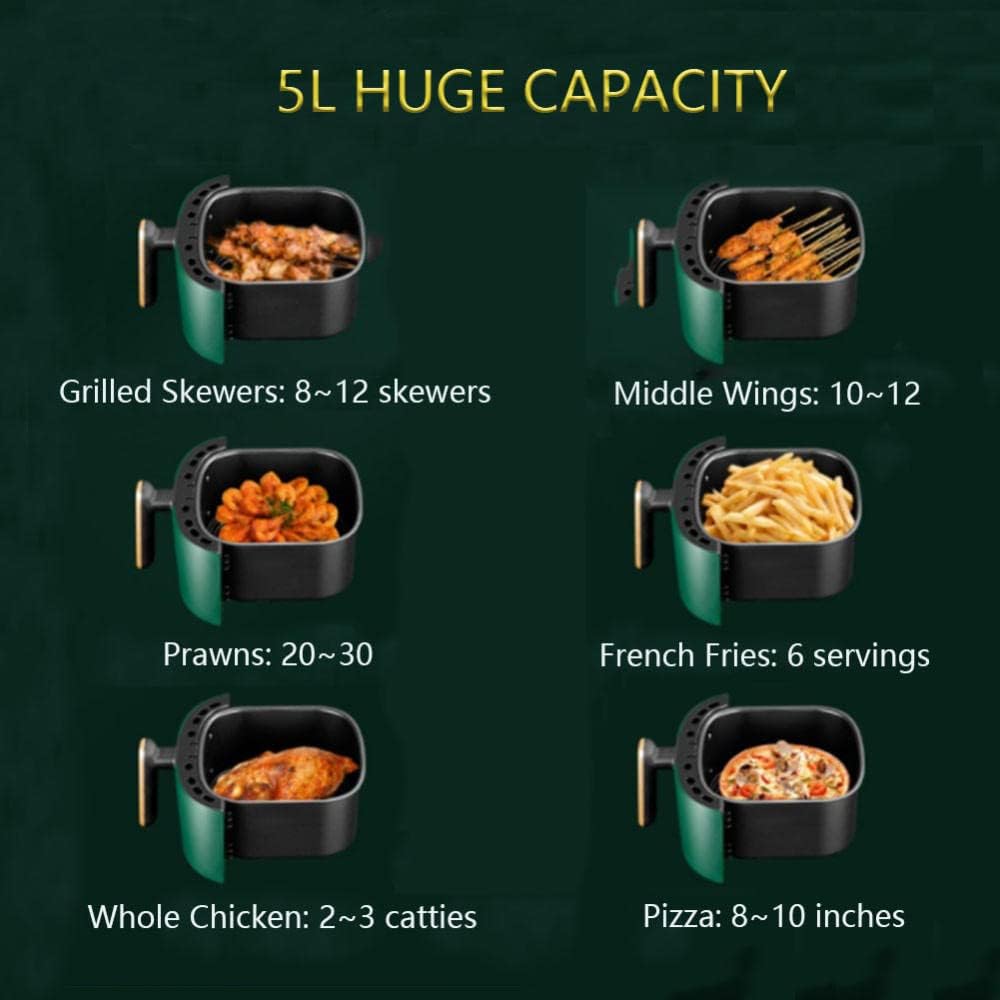 5. 4 Quart Air Fryer, Large Family Size Electric Hot Air Fryer Oven Oilless Cooker with 8 Presets, LCD Digital Touch Screen and Nonstick Detachable Basket, 2400W(Green)
