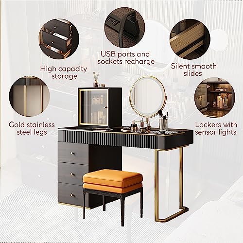 POVISON Makeup Vanity Desk with Mirror & LED Light, Easy Assembly, Mid Century Modern Dresser Desk, Dressing Table with Stool & Charging Station, 5 Drawers, Tempered Glass Top (Wood, 47")