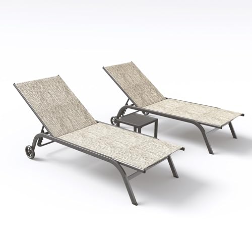 UDPATIO Chaise Lounge Outdoor Set of 3, Aluminum Lounge Chair with Removable Cushion Padding, 5 Adjustable Position Pool Lounger with Wheels and Side Table for Garden Poolside Patio (Beige)