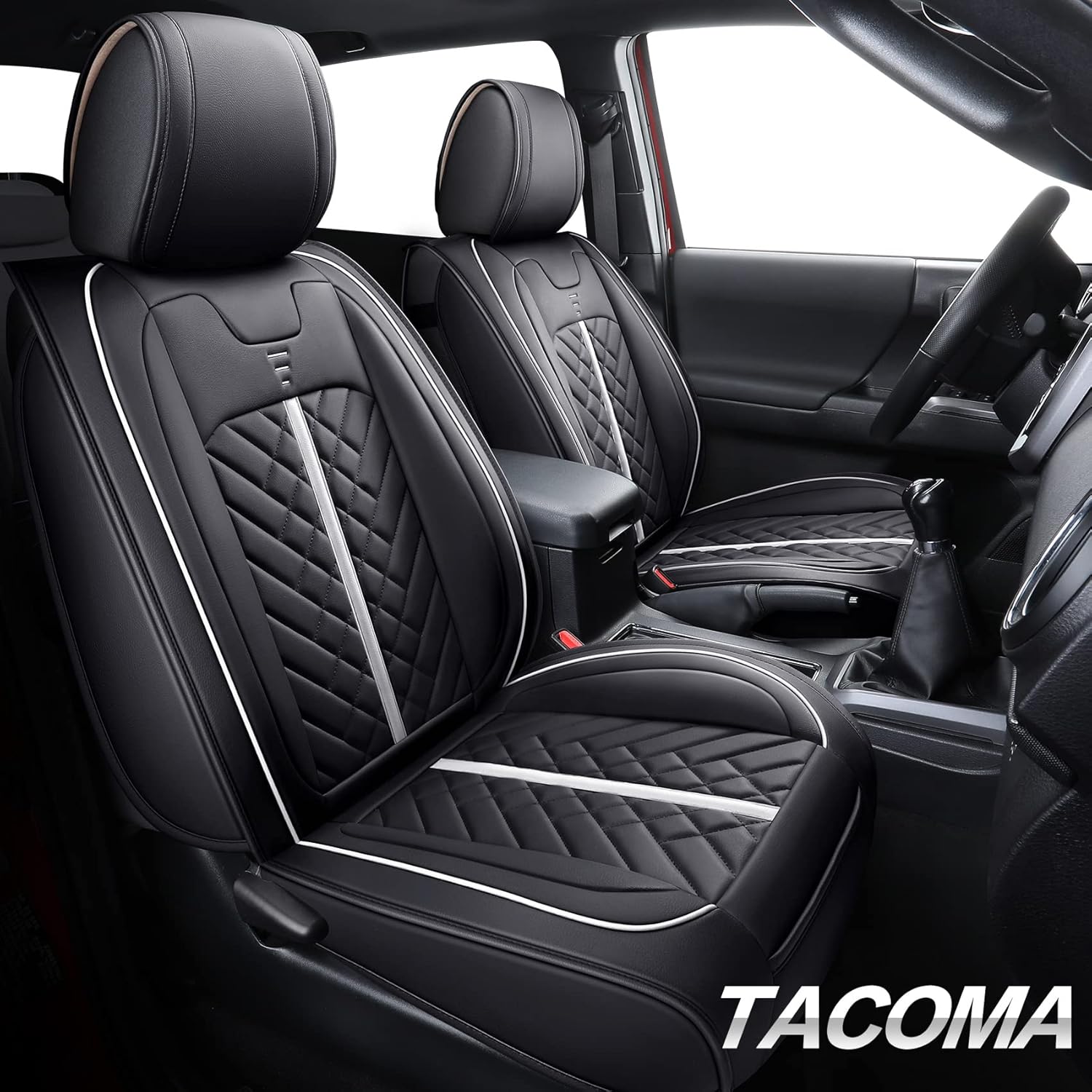 Tomatoman Toyota Tacoma Seat Covers Fit for 2005-2022 Crew Double Cab TRD Off-Road Pro Limited Trail Edition SR5 V6 Pickup Truck Compatible Airbags Car Cushions(Full Set/Black-White)