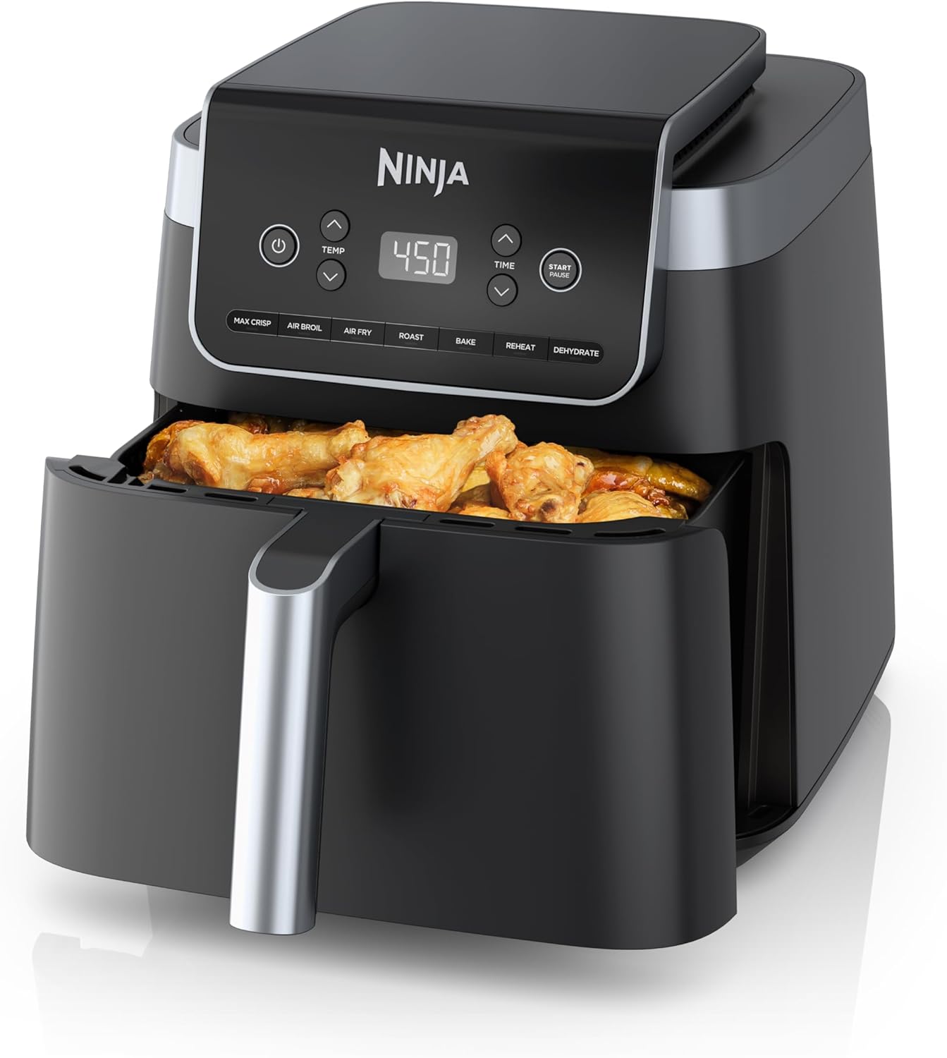 Ninja Air Fryer Pro XL 7-in-1, Max Crisp Tech, 450F for Hotter, Crispy Results, 6.5 QT Capacity fits 9 lbs wings, Max Crisp, Broil, Air Fry, Roast, Bake, Reheat, Dehydrate, Space Saving, Grey, AF182