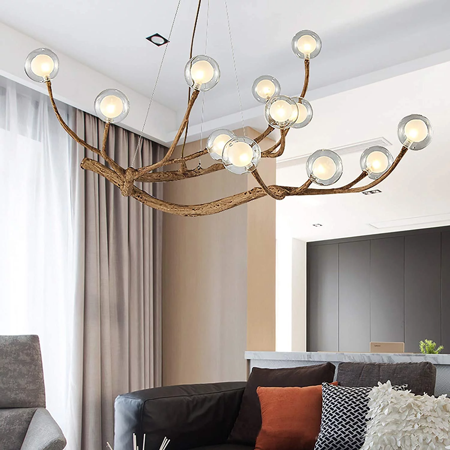 Miumaeov Modern Wood Branch Chandelier, 12 Lights Glass Bubble LED Pendant Ceiling Light, Adjustable Hanging Vintage Flush Mount Ceiling Light Fixture