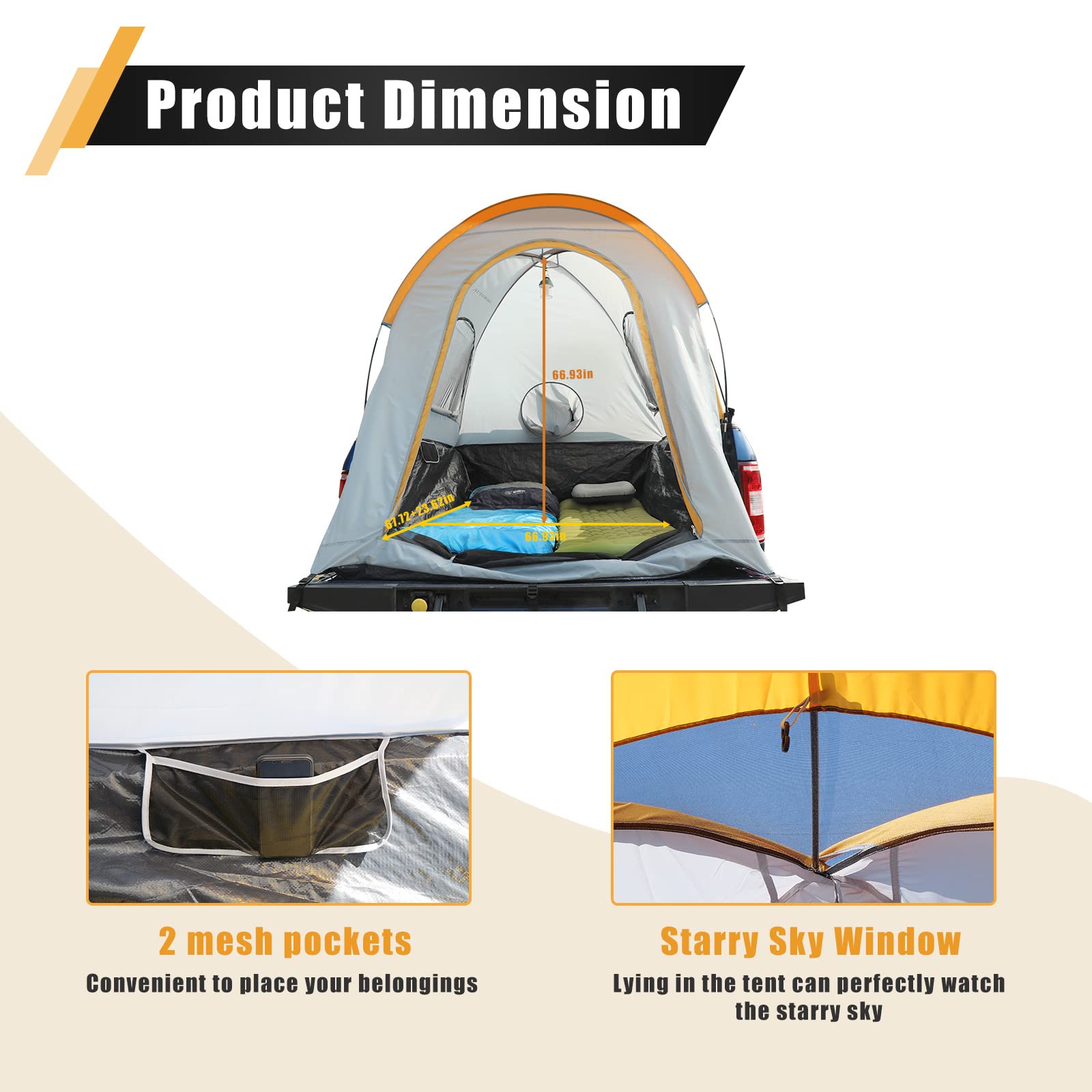 AUTOWIKI Truck Bed Tent Full Size for 5.5-5.8 ft Pickup Truck Bed Tent 2 Person Camping Oxford Cloth PU fit for Ford Chevy Dodge GMC Toyota Tundra Orange & Gray